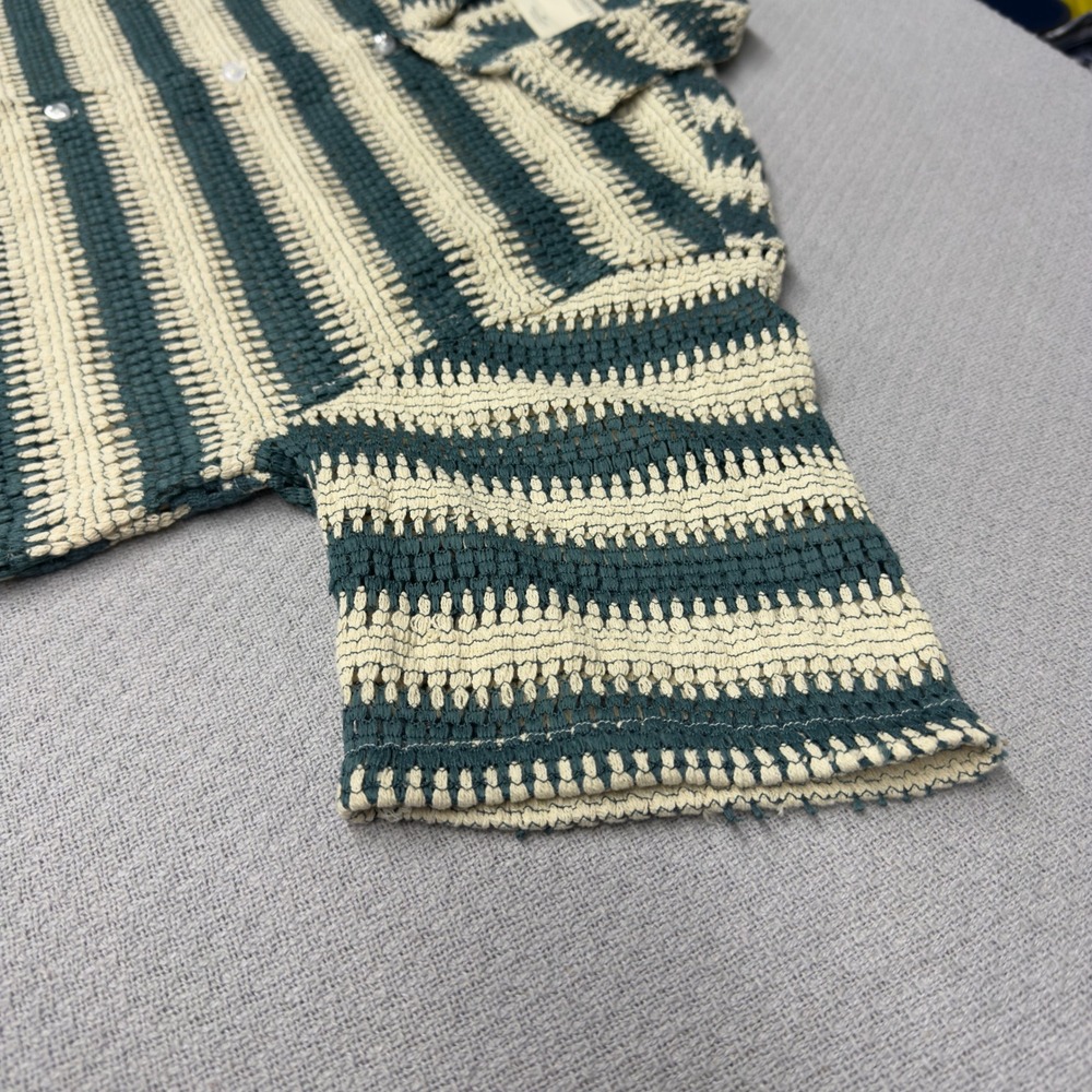 Massive Luxury Mens Green Cream Striped Open Knit Crochet Camp Shirt Medium - Picture 4 of 9